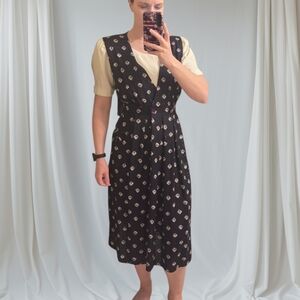 90s VINTAGE S.L. Fashions Black and Cream Midi Dress With Pockets